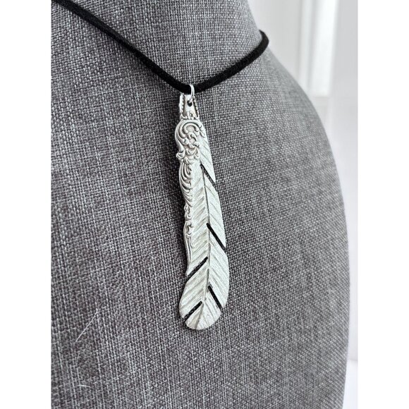 Handmade Feather Pendant Antique Butter Knife up-cycled silverware jewelery - Picture 1 of 6